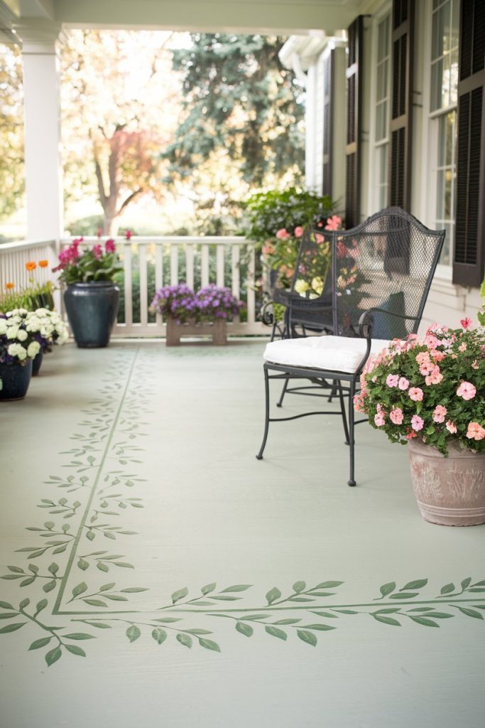 A porch with potted plants and flowers, a black metal chair with a white cushion and a decorative leaf pattern painted on the floor.