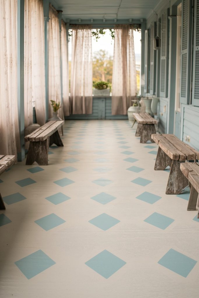 A long veranda with a light blue and cream checkered floor, wooden benches on the sides, sheer curtains and potted plants at the other end.