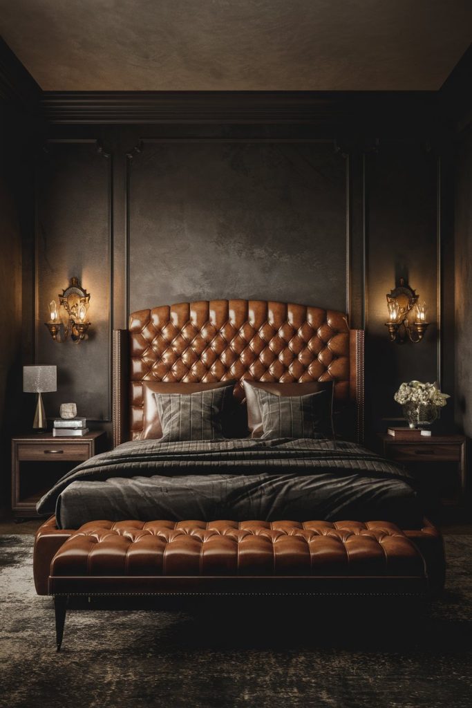 Luxurious bedroom with brown tufted leather headboard and matching bench flanked by dark bedside tables and wall sconces creating a sophisticated, elegant atmosphere.