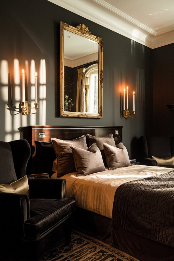 Luxurious bedroom with dark walls, a large mirror and wall lights that provide light. Features a neatly made bed with soft pillows and two armchairs.