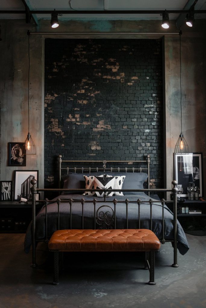 Industrial style bedroom with dark metal bed, leather bench and exposed brick wall. Pendant lights and framed artwork provide decorative accents.