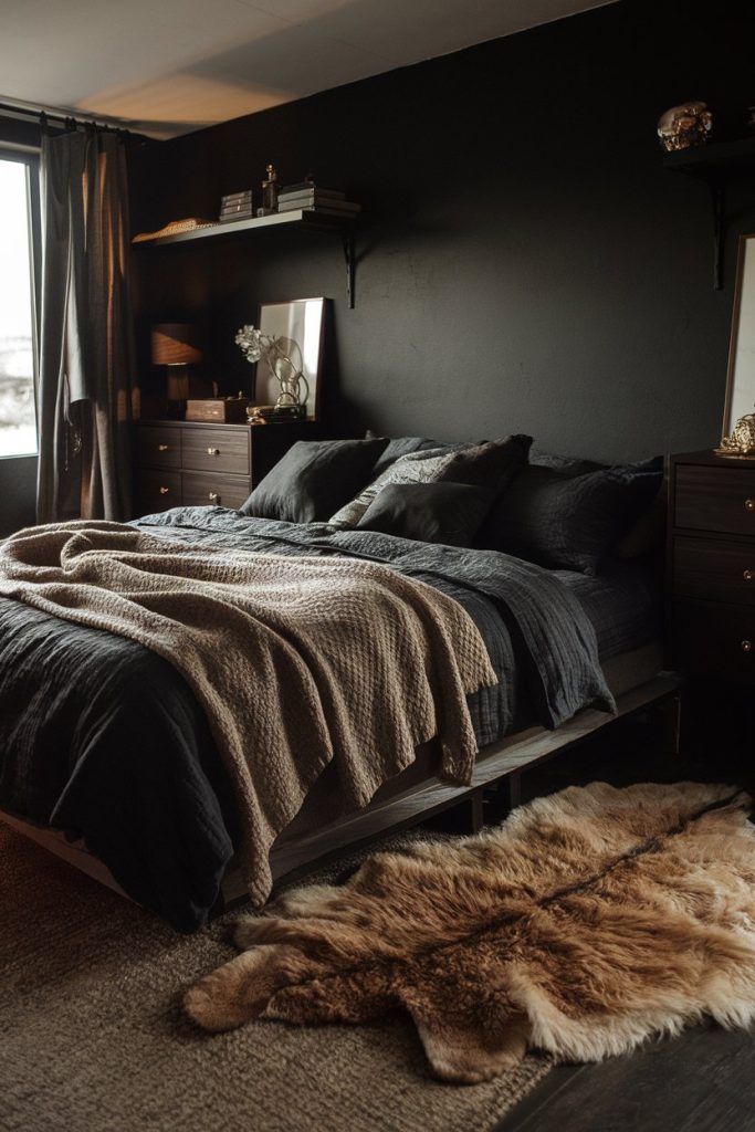 A cozy bedroom in a dark color scheme features a double bed with textured bedding, a fur carpet, a window with curtains and wooden furniture decorated with decorative items.