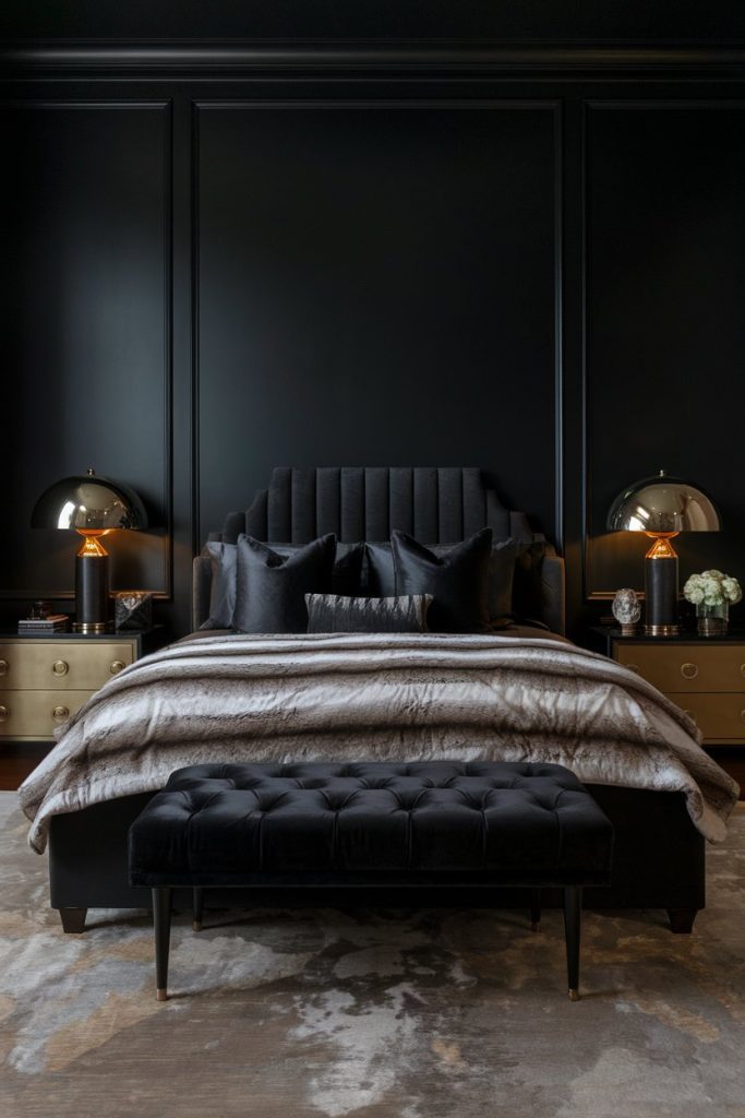 Luxurious dark themed bedroom furnished with a black upholstered bed, a fur throw, two gold nightstands with lamps and an upholstered bench at the foot of the bed.