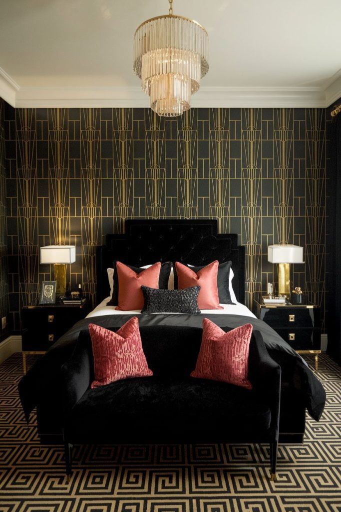 Luxurious bedroom with a black and gold geometric accent wall, a black velvet bed, red pillows and a chandelier. There are two lamps on the black nightstands on either side of the bed.