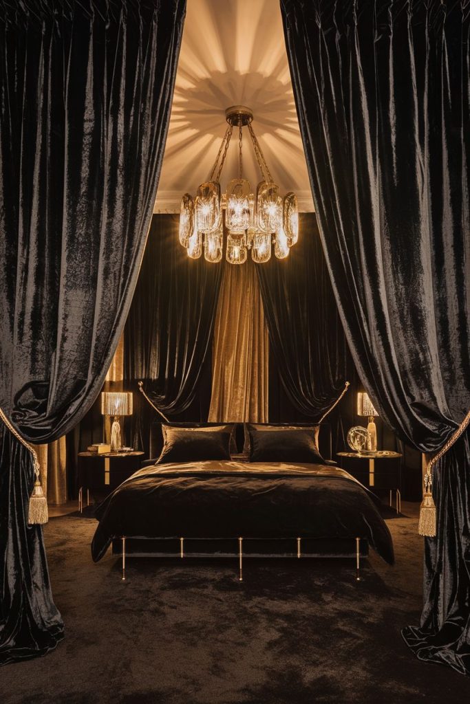 Luxurious bedroom with black velvet bed, draped curtains and lit by a large ornate chandelier. Two bedside tables, each with a lamp, add to the opulent atmosphere.