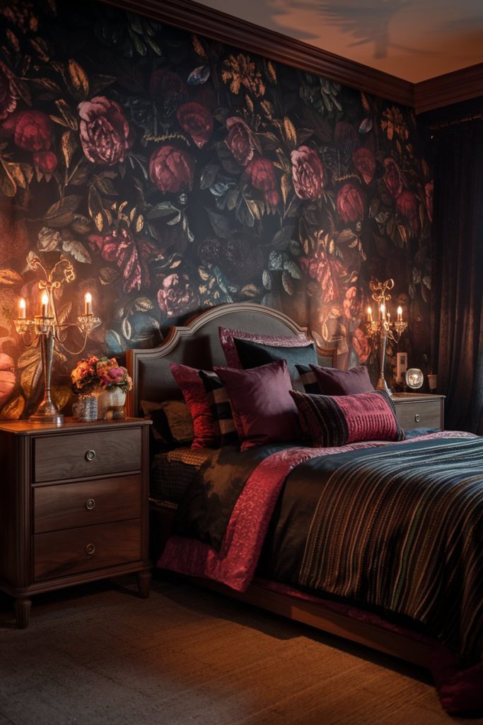 A richly decorated bedroom with floral wallpaper, dark wood furniture and soft red and black linens. Warm light from decorated candlesticks adds an elegant touch.