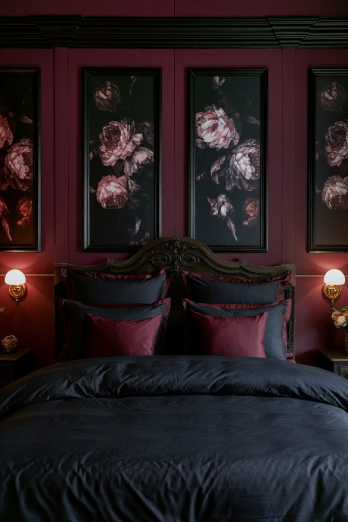 A dark, elegant bedroom with a bed in burgundy and black linens. Floral artwork hangs above and two wall lamps provide soft lighting.