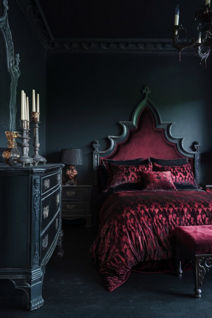 A dark, gothic bedroom with deep red bedding, an ornate headboard, and black furniture. There are candles on a chest of drawers and a chandelier hanging above them.