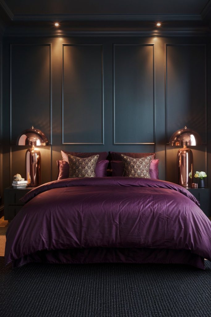 A bedroom with dark walls, a purple bedspread, patterned pillows and two matching lamps on bedside tables.