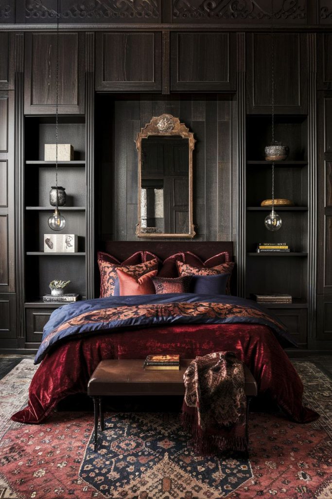 Luxurious bedroom with dark wood paneled walls, a framed mirror above the bed, patterned linens and decorative shelves on either side. At the foot of the bed there is a bench on a patterned carpet.