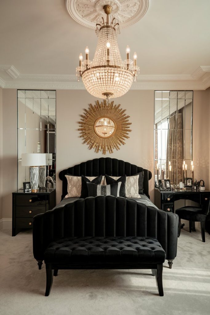 Elegant bedroom with a black upholstered bed, matching bench and a sunburst mirror. A crystal chandelier hangs above. Symmetrical side tables with lamps and decorative objects complete the furnishings.