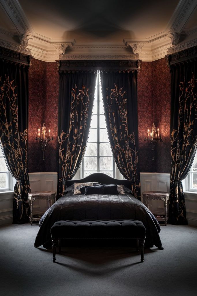 Luxurious bedroom with large window, lavish dark curtains, bed with matching dark linens, two bedside tables and ornate sconces.