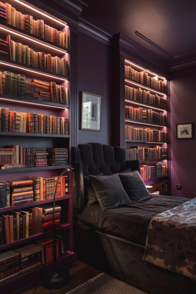 A cozy bedroom with dark walls, a soft bed and bookshelves full of books. Subtle lighting highlights the shelves. Artwork hangs on the walls.