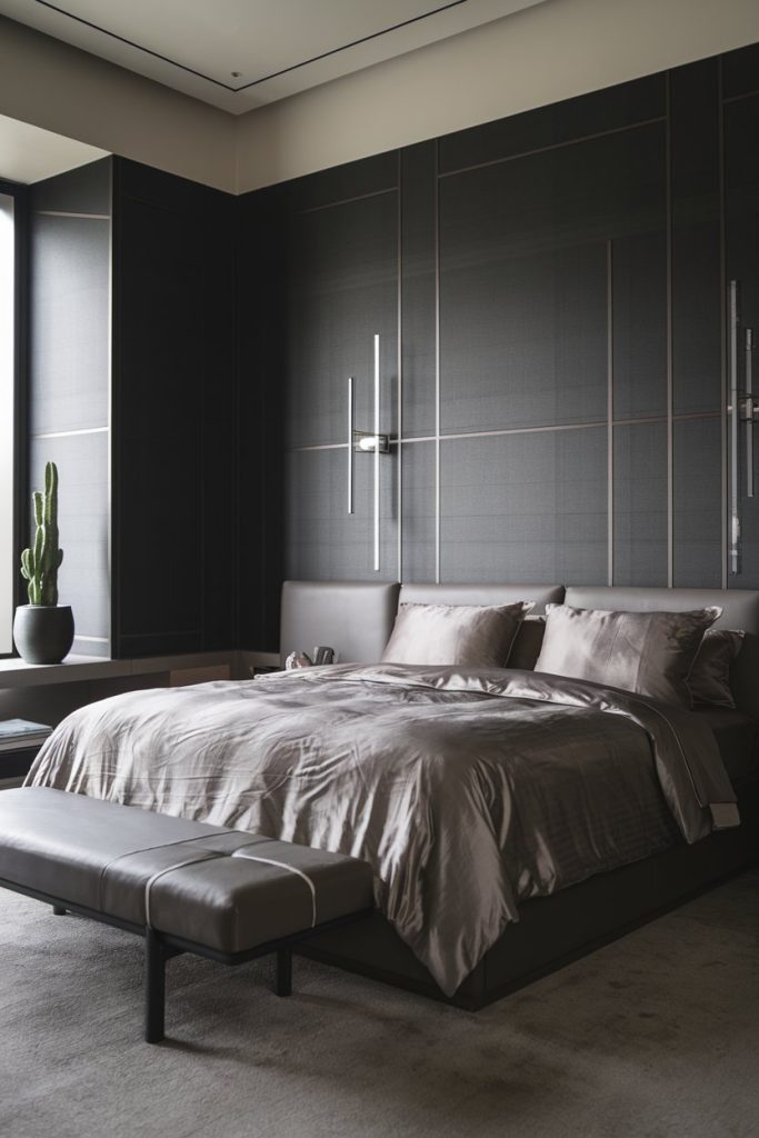 Modern bedroom with a large bed with dark linens, a bench at the foot and a potted cactus by the window. The walls are dark and decorated with minimalist vertical lights.