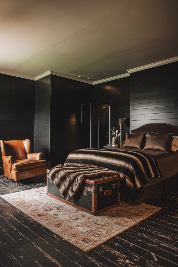 Cozy bedroom with dark walls, a leather armchair and a wooden floor. A bed with dark sheets and a fur blanket sits in front of a vintage suitcase at the foot. A rug adds warmth to the room.