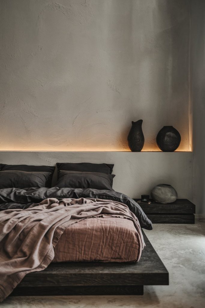 A minimalist bedroom with a low dark wood platform bed, brown linens and mood lighting behind a shelf with two dark vases and a stone. The walls are textured and beige.