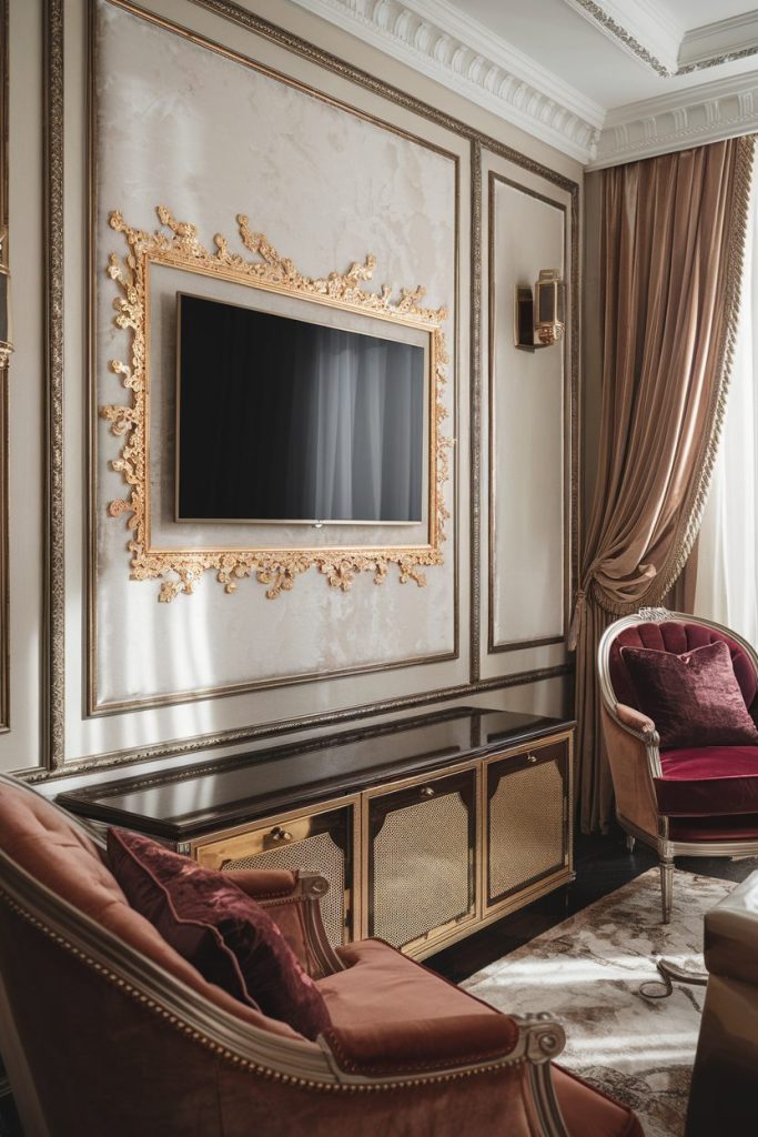 Luxurious living room with a large framed TV on the wall, elegant chairs, a closet and heavy curtains.