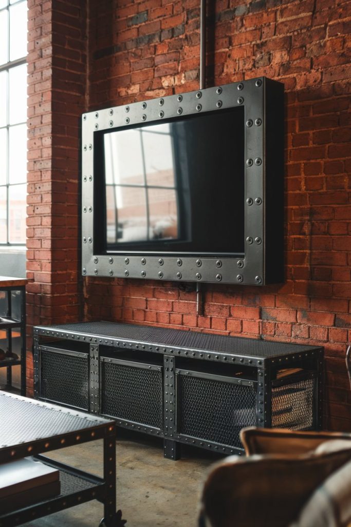 A large flat-screen television is mounted on a red brick wall with an industrial metal frame. There is a metal console with mesh doors on the floor below.