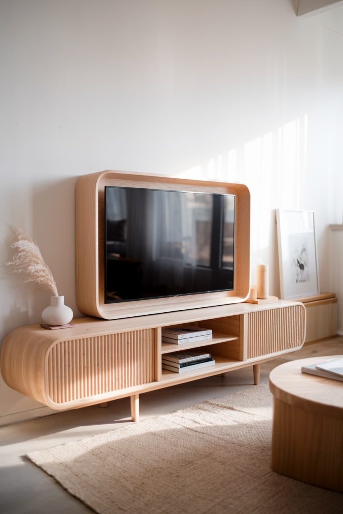 A minimalist living room with a wooden TV stand, a flat screen TV, pampas grass in a vase, books on shelves and framed artwork on the wall. Natural light penetrates.