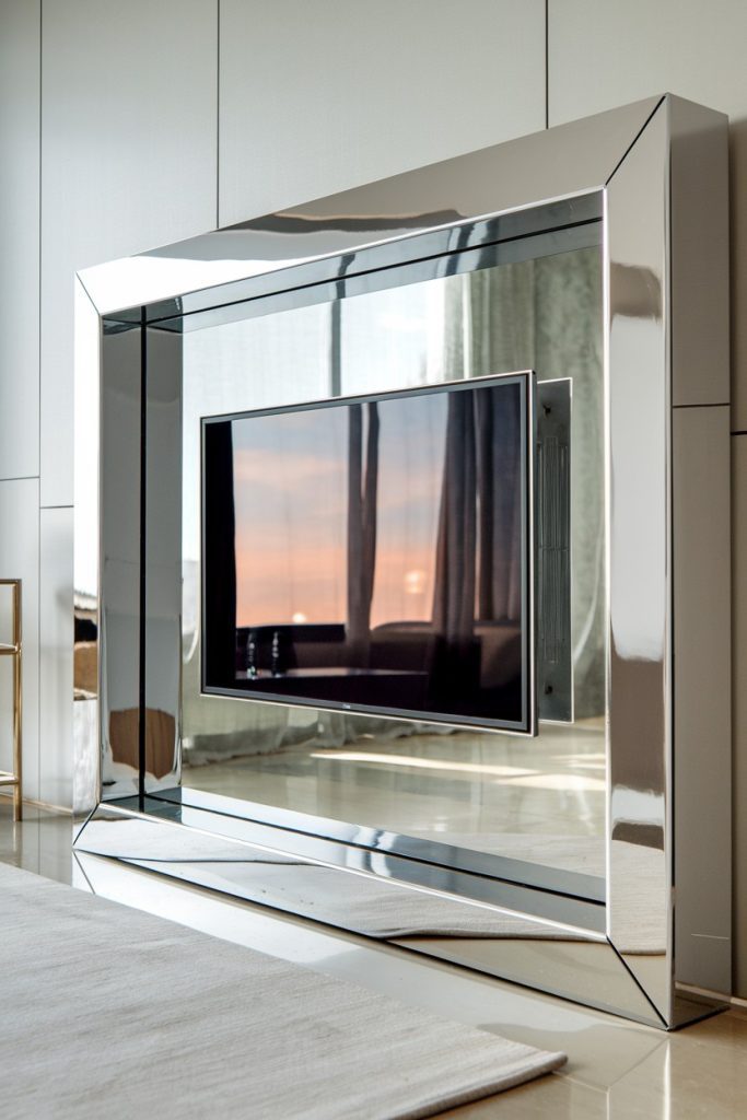 A flat screen television in a large, reflective metal frame in a modern room.