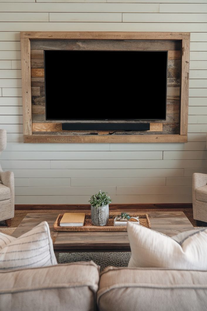 A wall-mounted television with a wooden frame above a shelf, beige armchairs and a decorative coffee table in the living room.