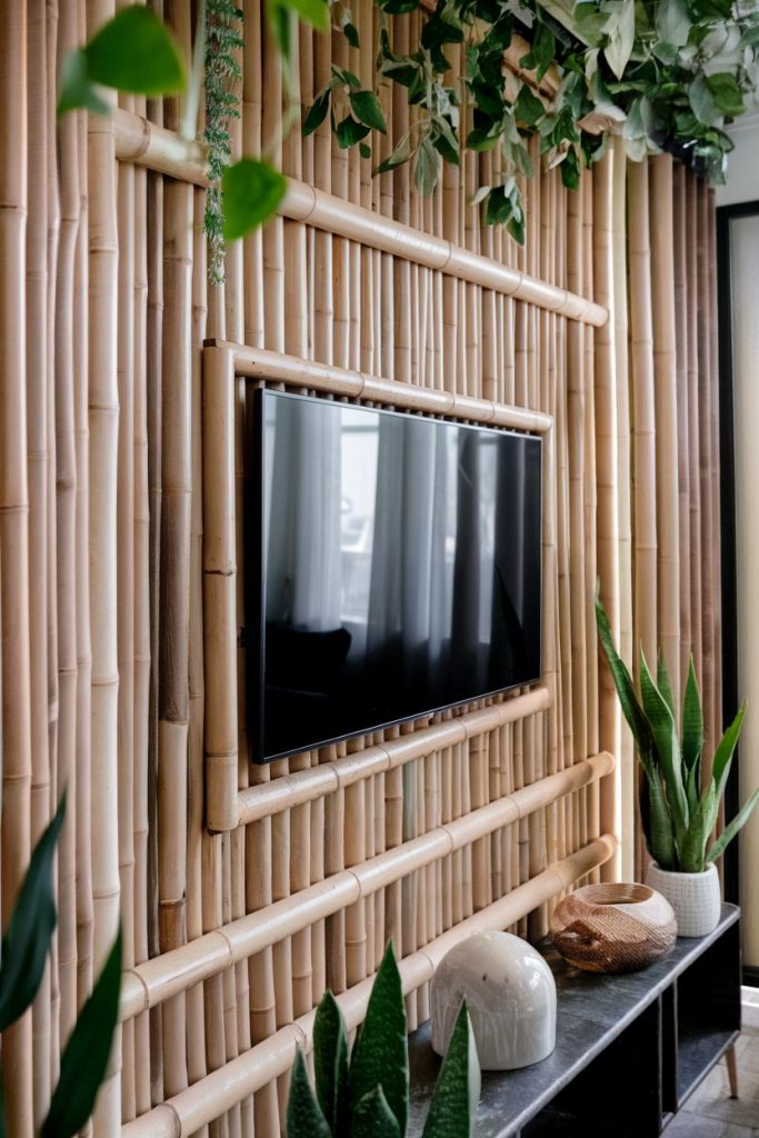 A flat-screen TV on a bamboo-paneled wall surrounded by green plants and decorative items on a shelf below.