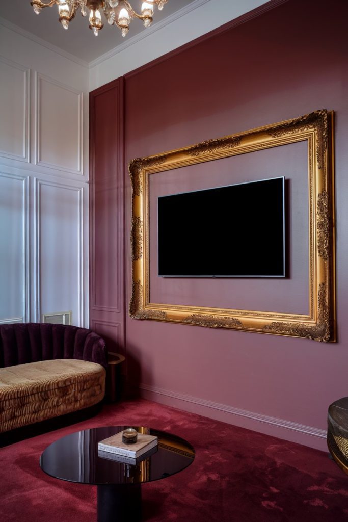 A television in an ornate gold frame on a burgundy wall, with a velvet sofa and a round black coffee table in the foreground.