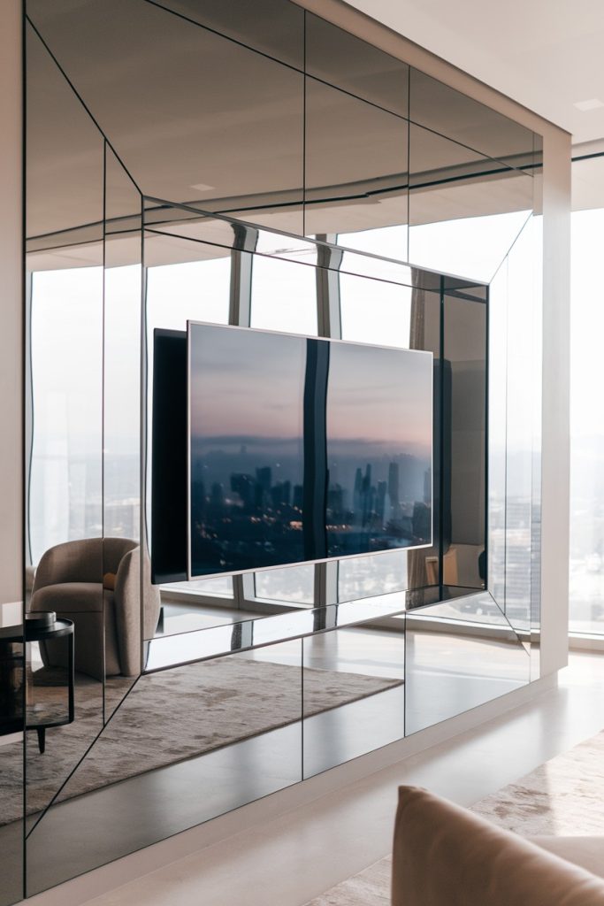 Modern living room with a wall mounted television reflecting a cityscape. Neutral furniture and floor-to-ceiling windows create a spacious ambience.