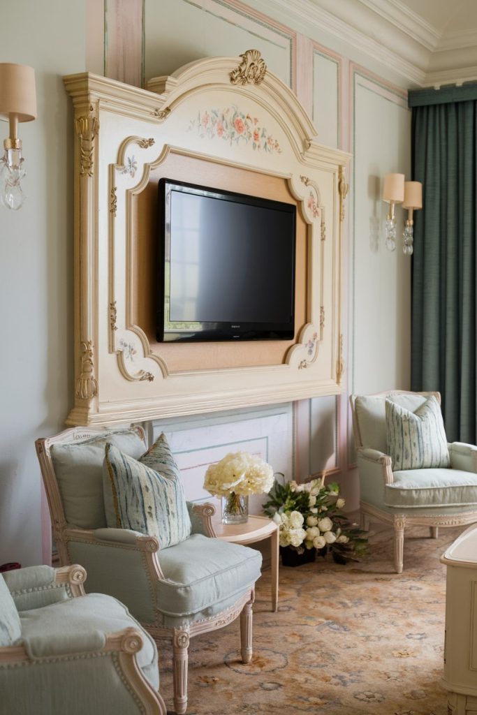 Elegant living room with ornate wall-mounted TV stand, two upholstered chairs, decorative pillows and a round table with flowers. Classic wall lamps and floor-length curtains complete the furnishings.