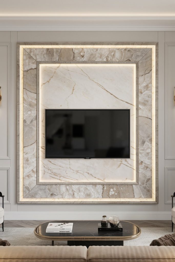 A wall-mounted television is framed by backlit marble panels. In the foreground are a beige sofa and a coffee table, creating a modern living room ambience.