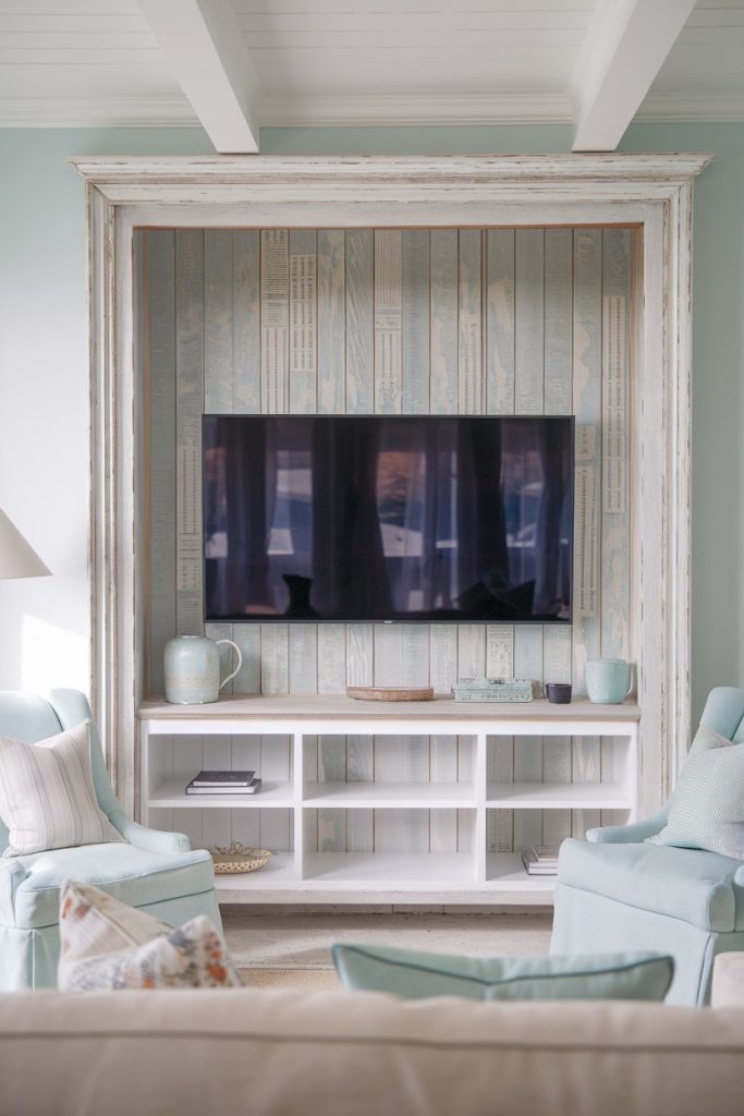 Living room with wall-mounted TV, light blue armchairs, white shelf and decorative items. The wall has a rustic wood panel design.