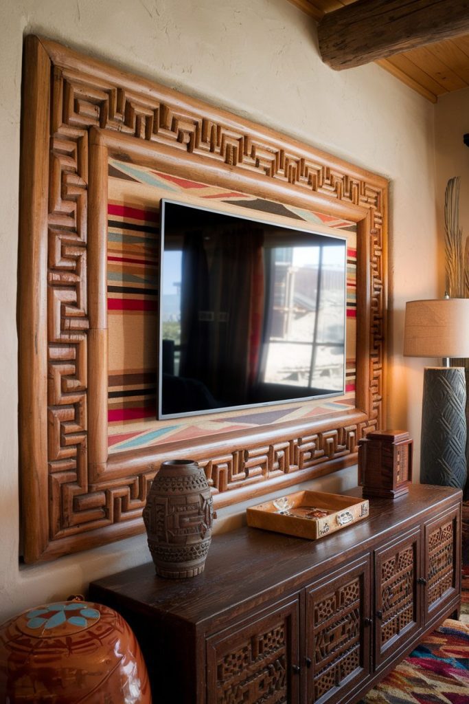 A flat-screen television is mounted on one wall, framed by an ornate wooden surround. Below there is a wooden cabinet with decorative ceramics and a lamp next to it.