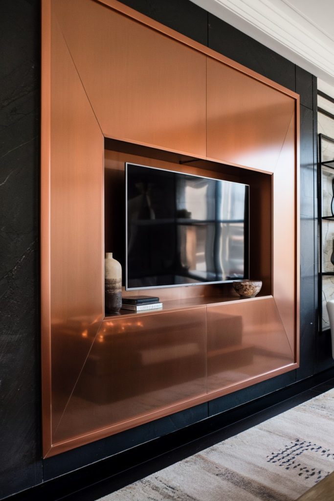 Modern living room with a wall-mounted television with a copper-colored frame, a small decorative bowl and a tall vase on the shelf under the television.