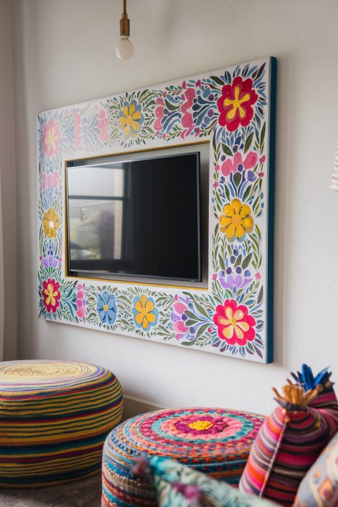 Colorful framed TV on wall with bright floral patterns surrounded by colorful poufs in living room ambience.