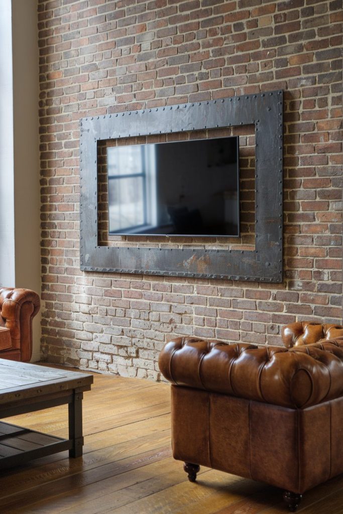 A flat screen television is mounted on a brick wall with a metal frame. The room has two brown leather sofas and a wooden coffee table on a hardwood floor.