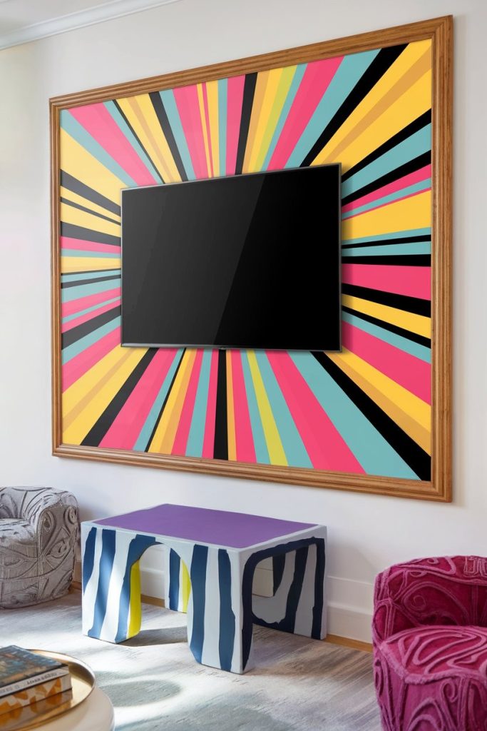 Wall-mounted television with colorful radial stripes; Zebra crossing table and purple chair nearby.