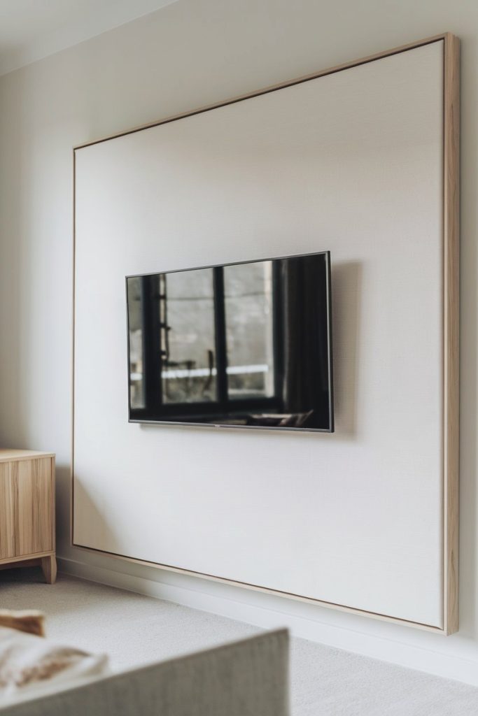 Flat screen TV mounted on a large beige panel, with wooden frame on a light wall. A wooden cupboard can partly be seen on the left.