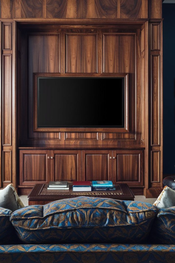 Living room with a large wooden entertainment center, flat-screen TV and decorative panels. Two sofas with patterned fabric surround a wooden coffee table with books.