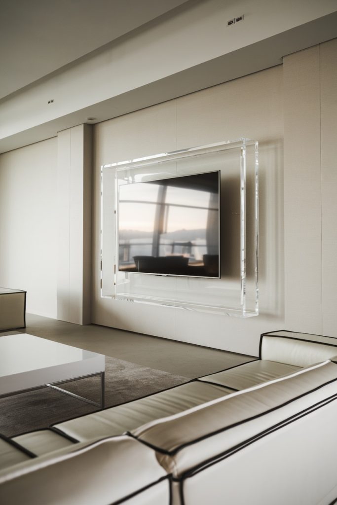 Modern living room with a wall-mounted flat screen TV with a transparent frame, beige walls and leather seats.