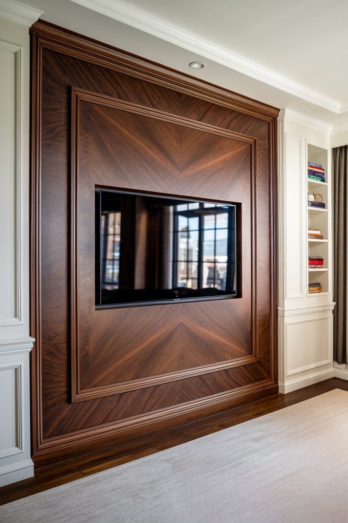 Flat-screen TV on a wooden accent wall between white cabinets with shelves in a room with a beige carpet.