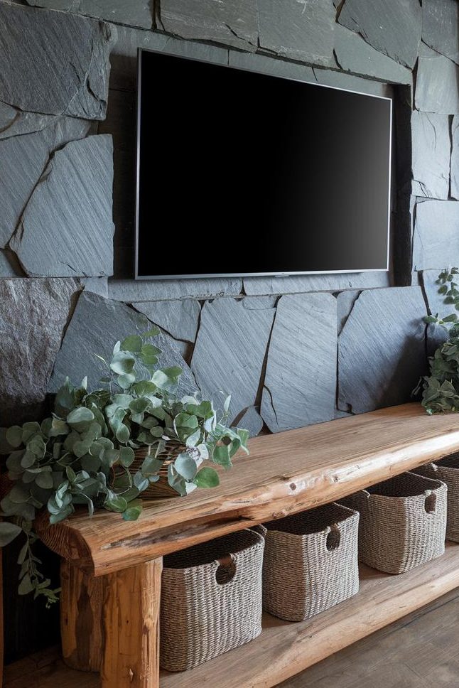 Wall-mounted television on a slate stone wall with a wooden frame. Below, a wooden shelf holds four wicker baskets and two potted plants.