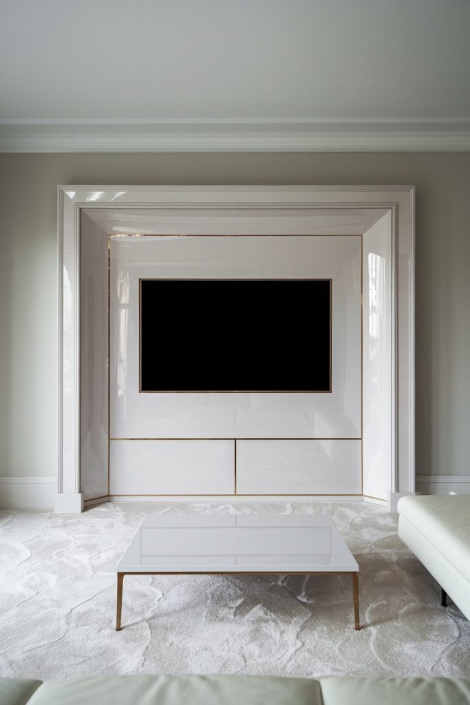 A minimalist living room with a wall-mounted television, glossy white paneling, a white coffee table and light carpet.