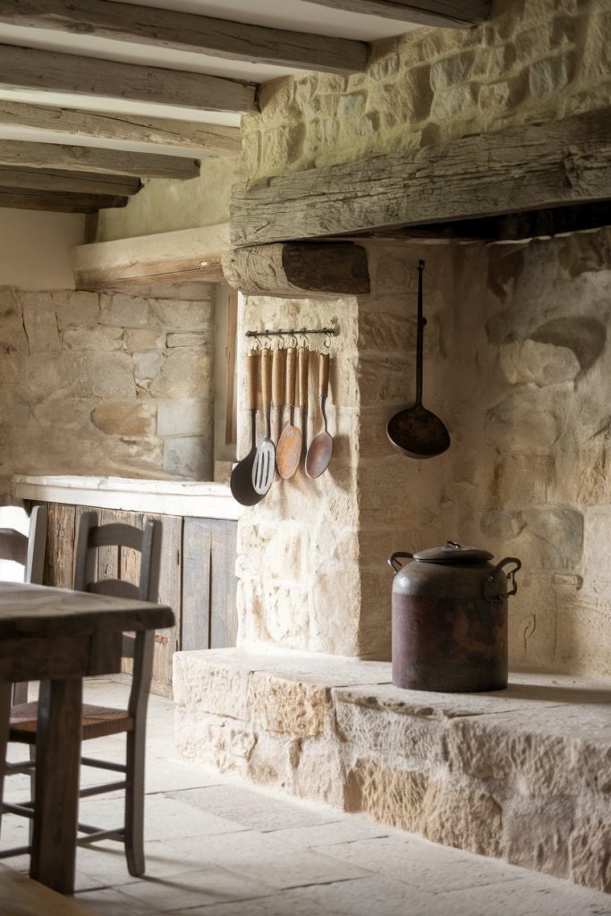 Rustic kitchen with stone walls, wooden beams, hanging utensils, a large metal pot and wooden furniture.