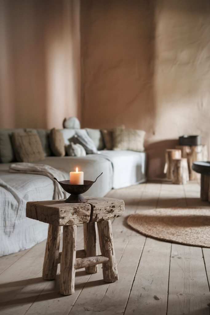 Cozy room with rustic wooden furniture, a burning candle on a small stool, a beige sofa with pillows and a round woven carpet on a wooden floor.