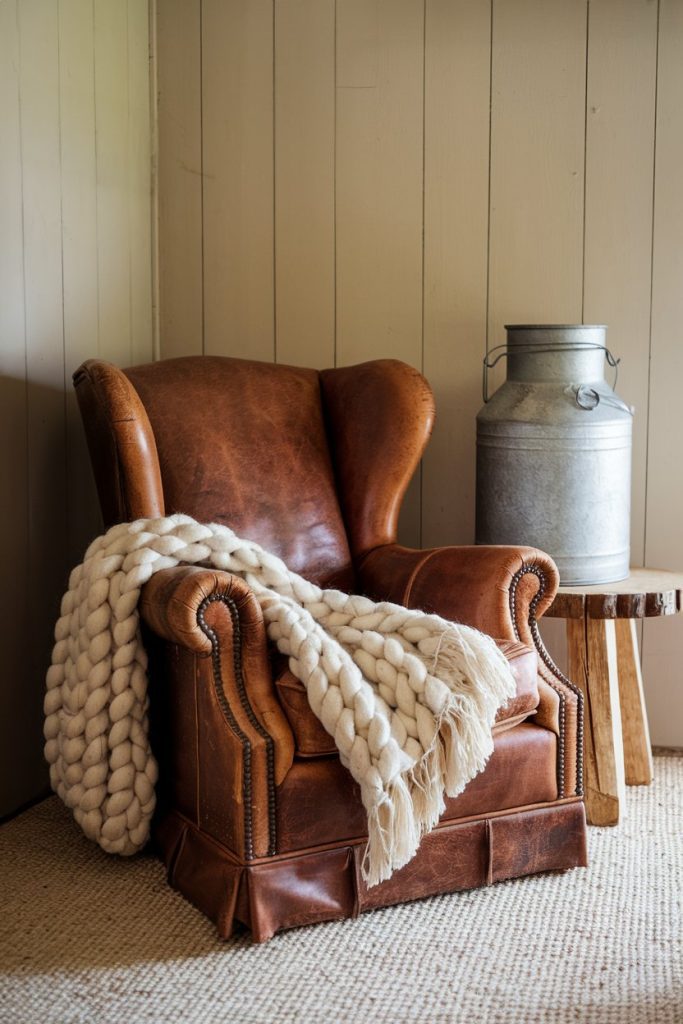 A brown leather armchair with a chunky knit blanket draped over it sits next to a small <a href=