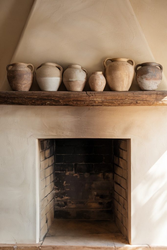 A group of old stoneware glasses on a wooden ledge