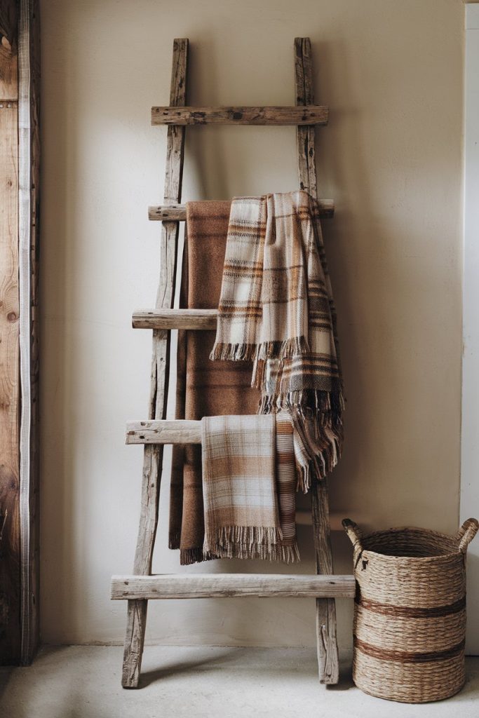 Wooden ladder with brown and checkered blankets hanging next to a woven basket on the floor in front of a beige wall.