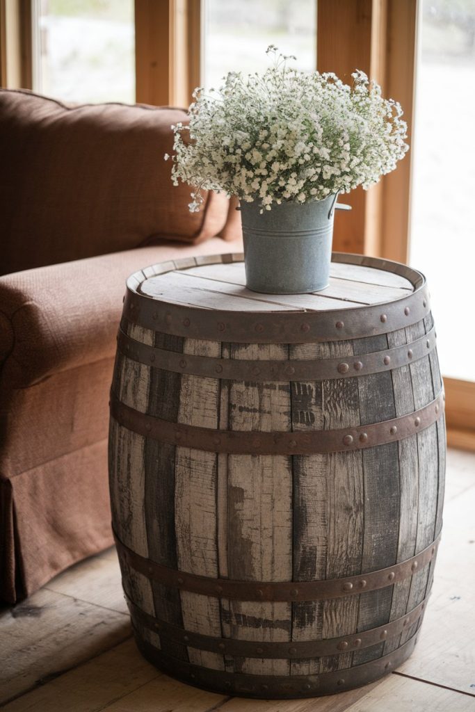 A wooden barrel serves as a table with a metal pot of white flowers on it, next to a brown sofa in a sunlit room.