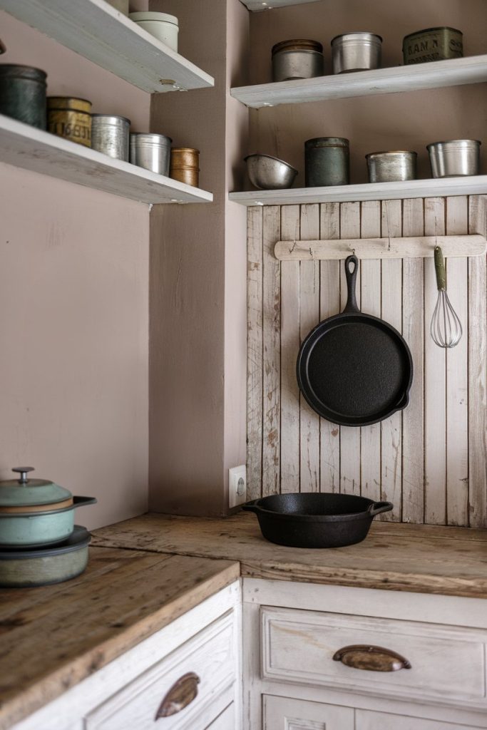 A rustic kitchen corner with wooden countertops, a cast iron skillet on the wall and metal containers on shelves.