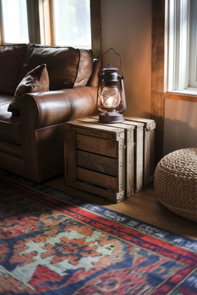 Cozy room with leather sofa, wooden box with lantern and patterned carpet. Natural light streams through the window.